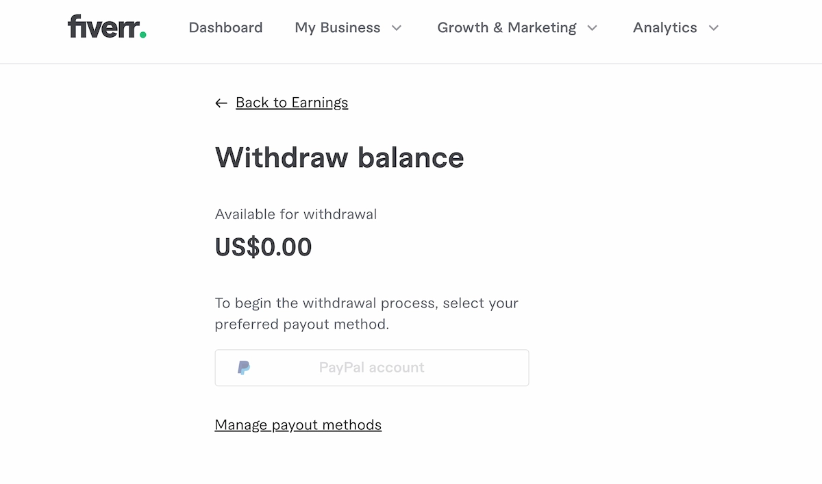 Fiverr payment screen showing zero dollars available for withdrawal.