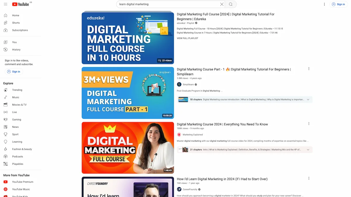 YouTube search results for "learn digital marketing."