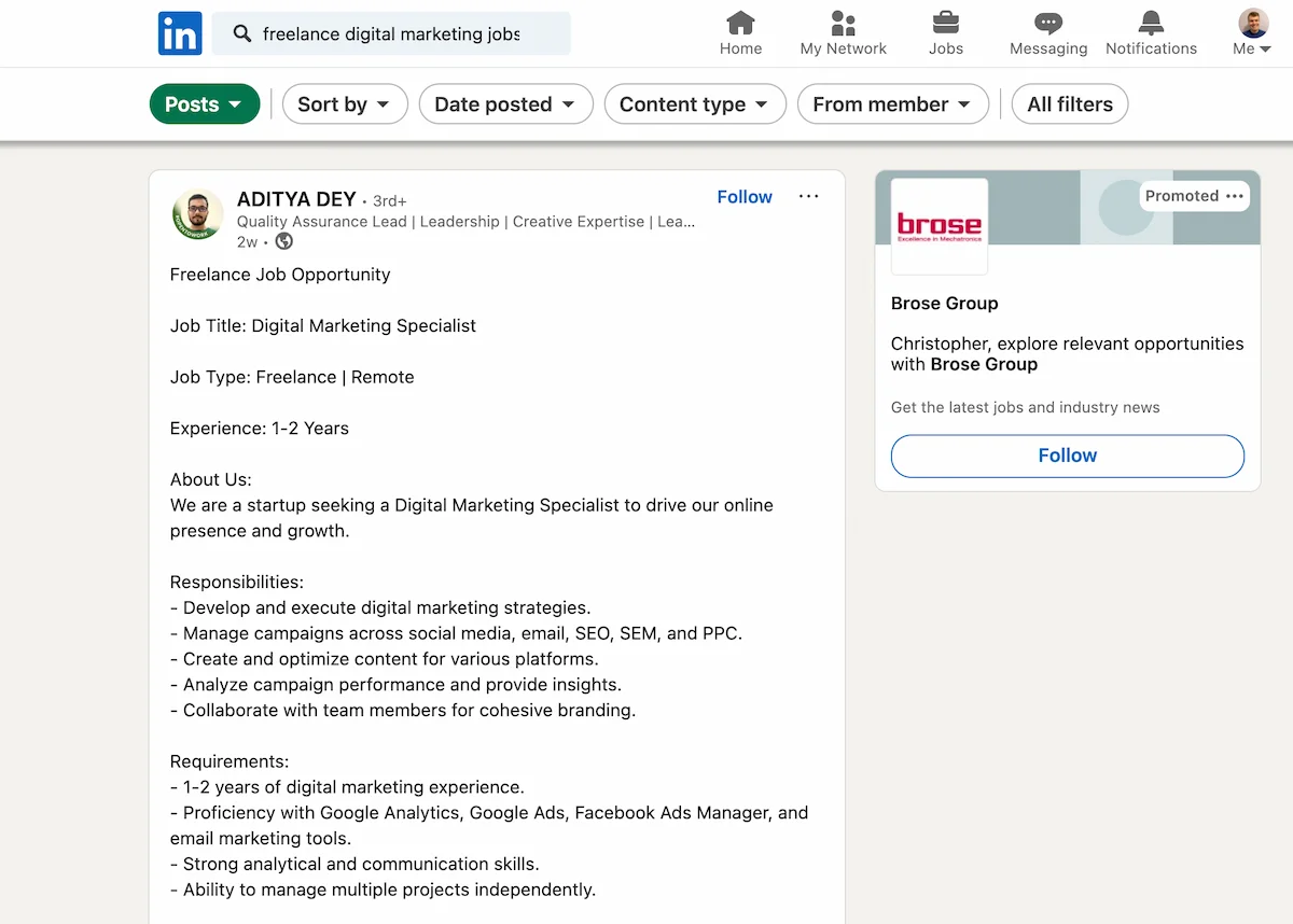 Freelance digital marketing job on LinkedIn.