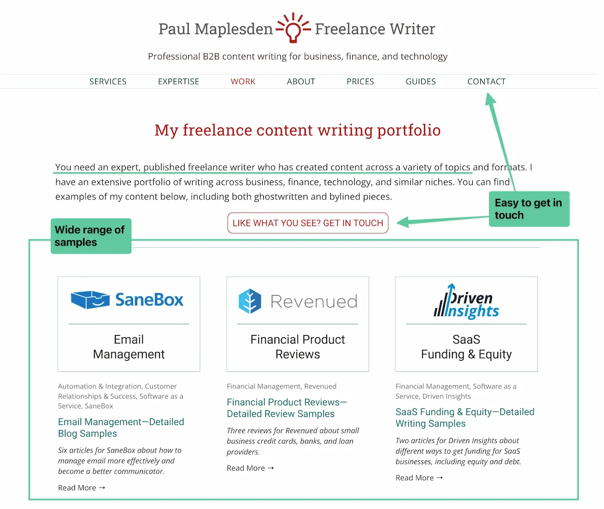 Paul Maplesden freelance writing portfolio example.