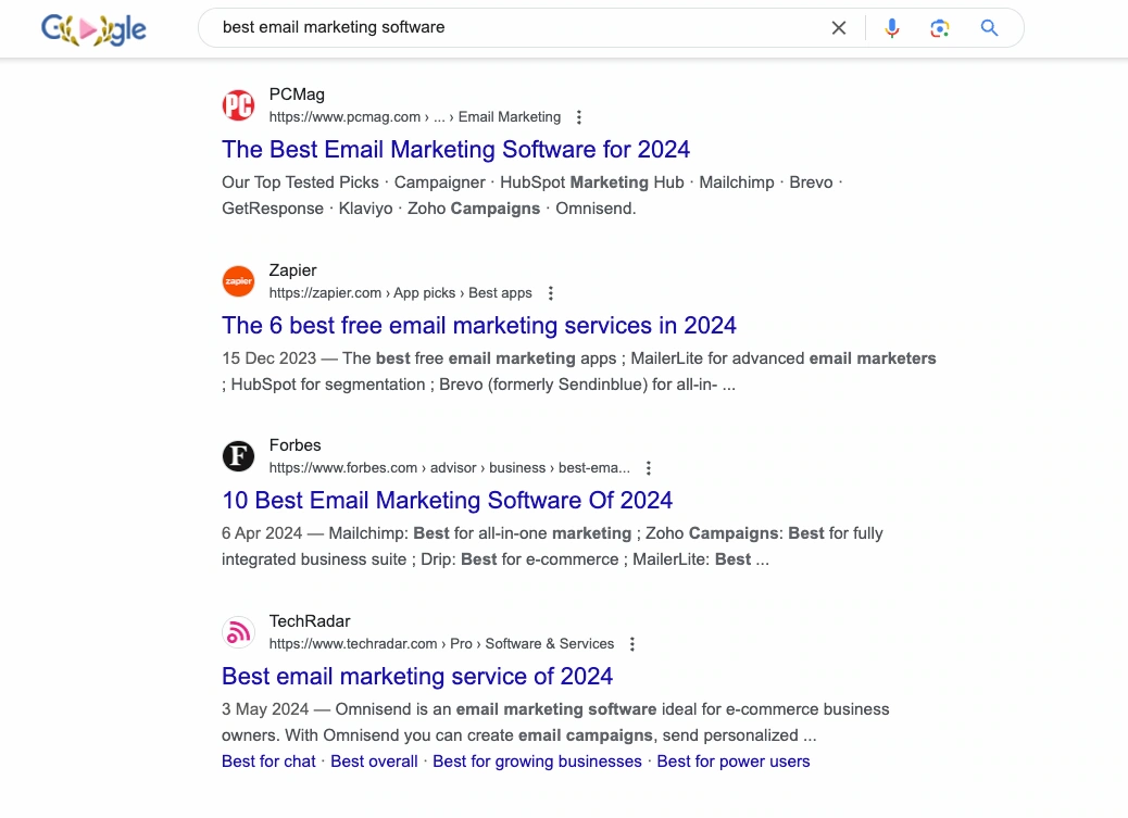 Best email marketing software SERP.