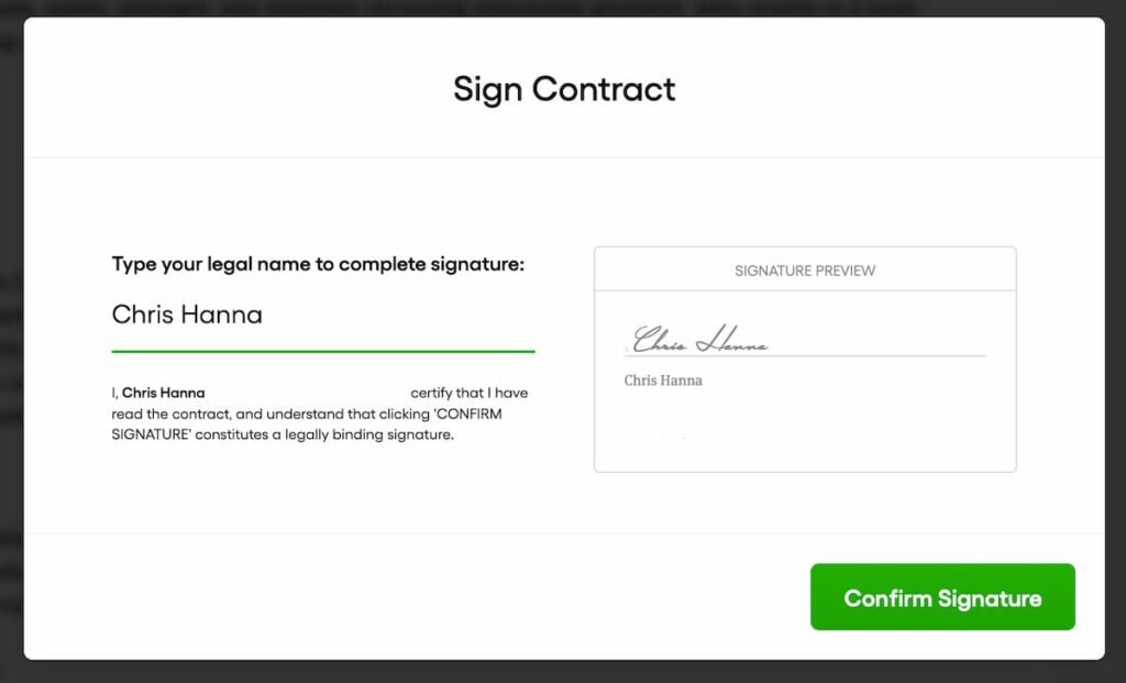 A screen showing the option to digitally sign your freelance contract within Bonsai.