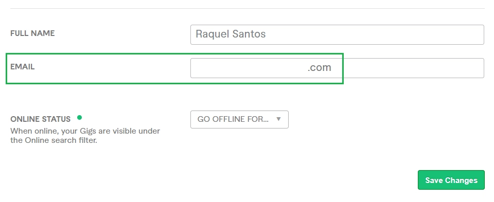 Screen with highlights showing how to change your Fiverr email address.