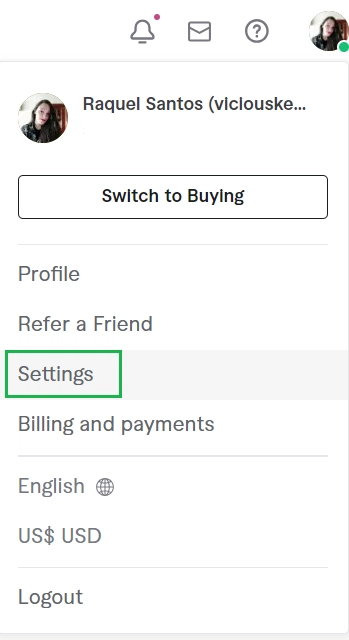Fiverr profile settings showing the settings option highlighted.