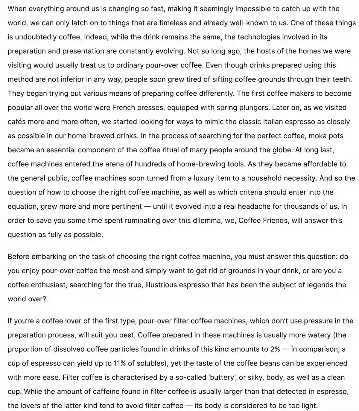 Text about coffee with long paragraphs and sentences.