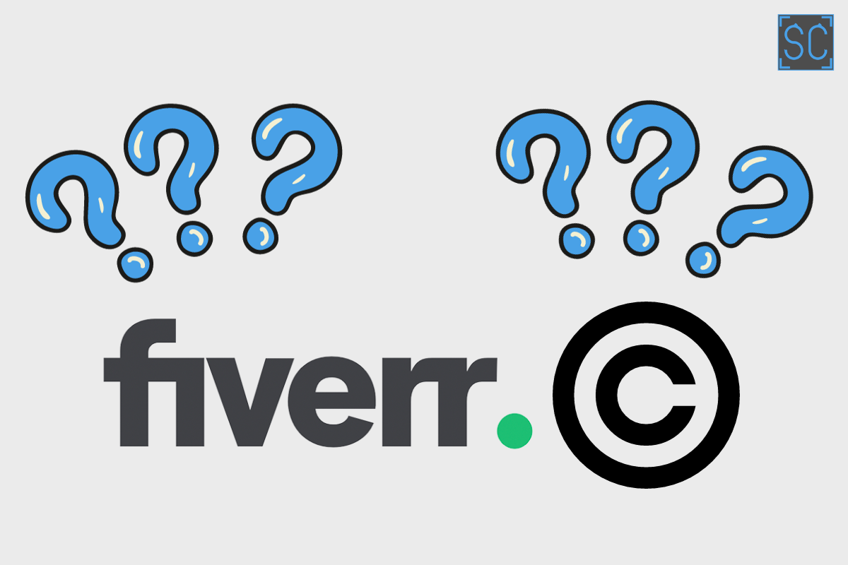 Fiverr logo next to copyright symbol with question marks around it.