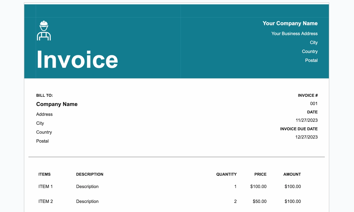 Freelance invoice template showing 2 items and other invoice information.
