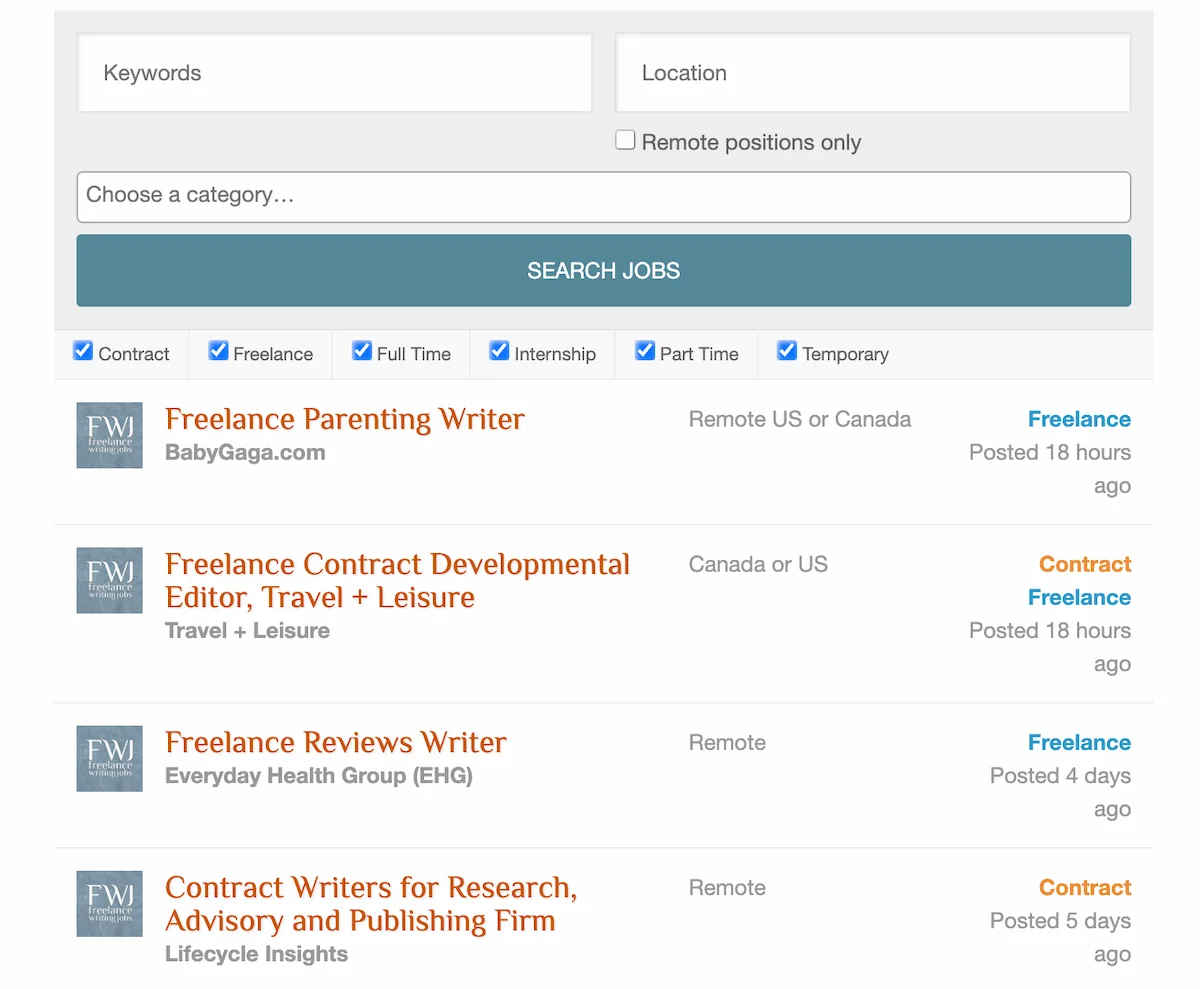 FreelanceWritingGigs.com job board for freelance writers.