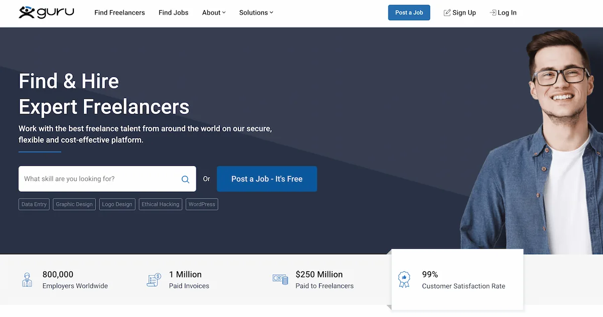 Guru freelance marketplace home page.