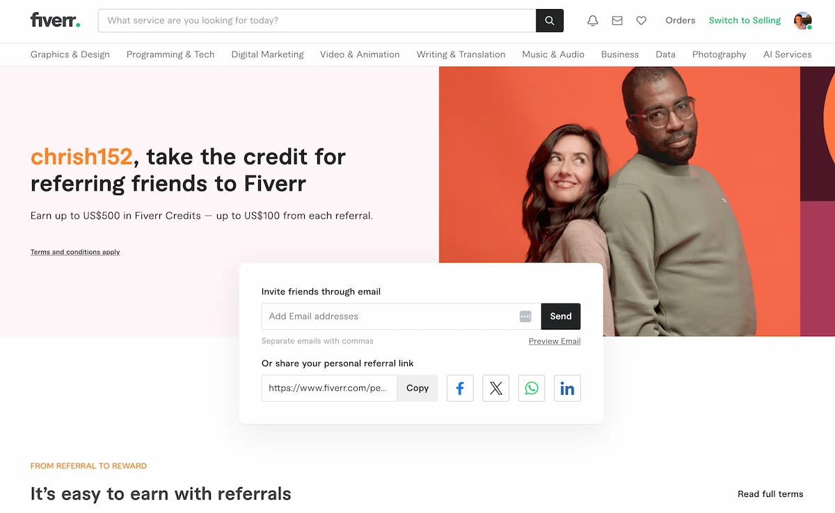 Fiverr referral home page.