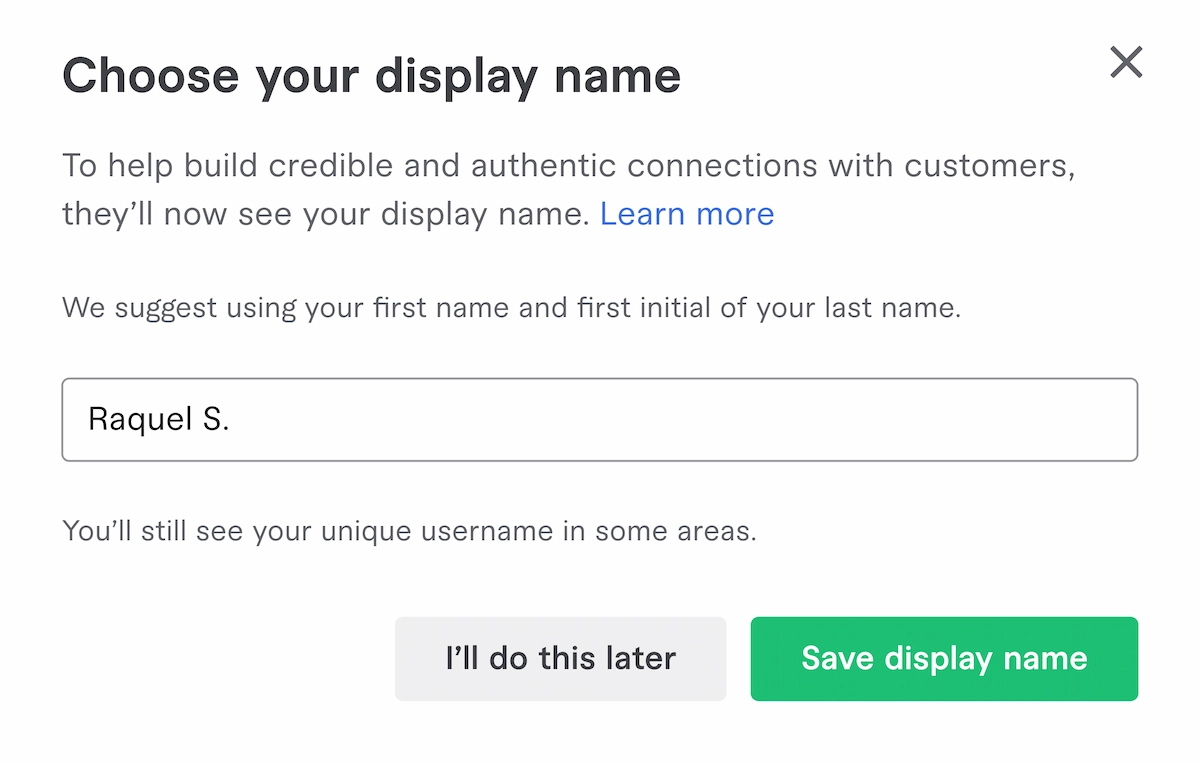 Fiverr screen showing how to change your display name.