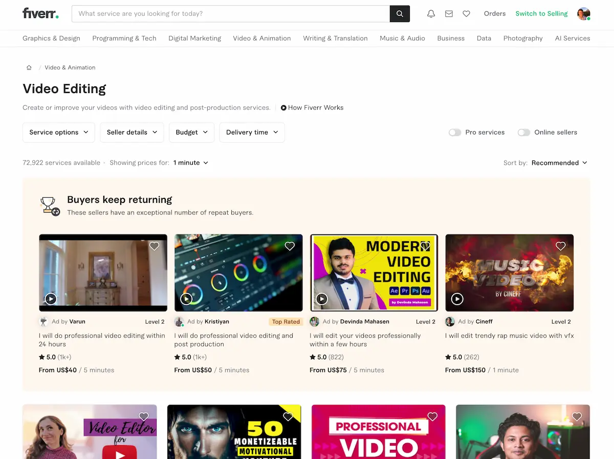 Fiverr home screen showing various sellers offering video editing services.