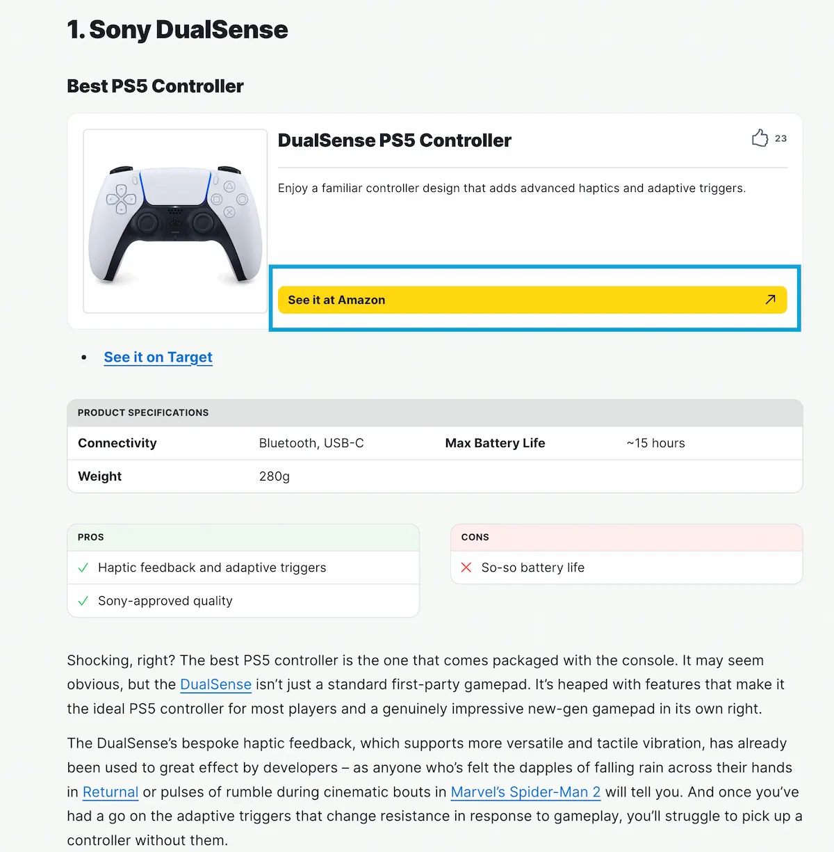 Amazon buy button CTA for PS5 controller.