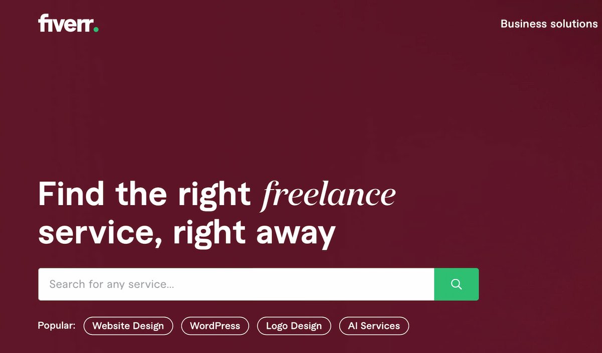 Fiverr home screen showing the option to search for freelance services.