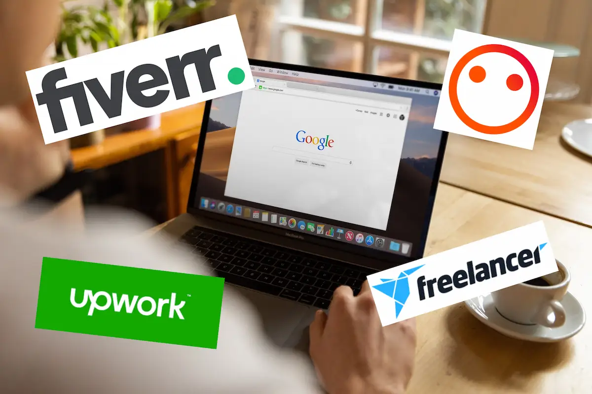 Open laptop screen surrounded by logos for freelancing websites, including Fiverr, Upwork, PeoplePerHour and Freelancer.com.