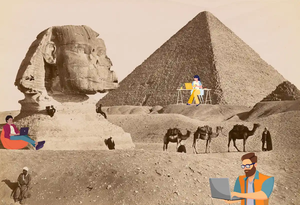Historical photo of the pyramids and Sphinx in Egypt with graphics of freelancers added.