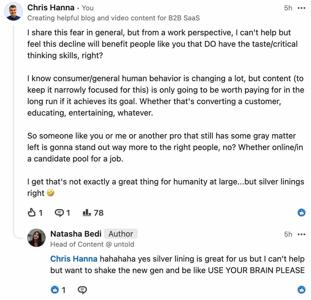 LinkedIn comment about the impact of AI on the next generation.