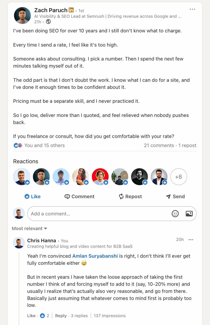 A discussion about choosing freelance rates on LinkedIn.